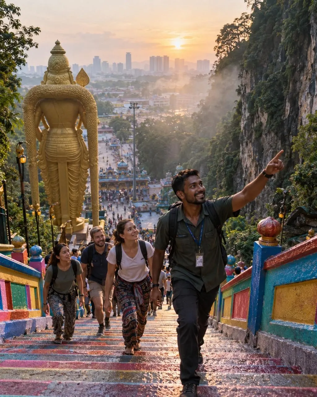 Visitors climbing the steps at Batu Caves near Kuala Lumpur, a stop on many local host experiences