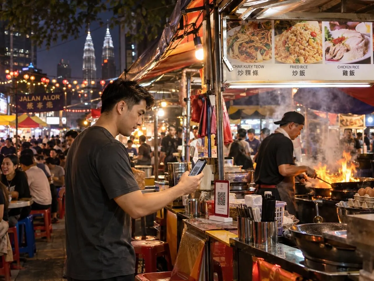 A night market stall in Kuala Lumpur accepting a QR code payment in ringgit