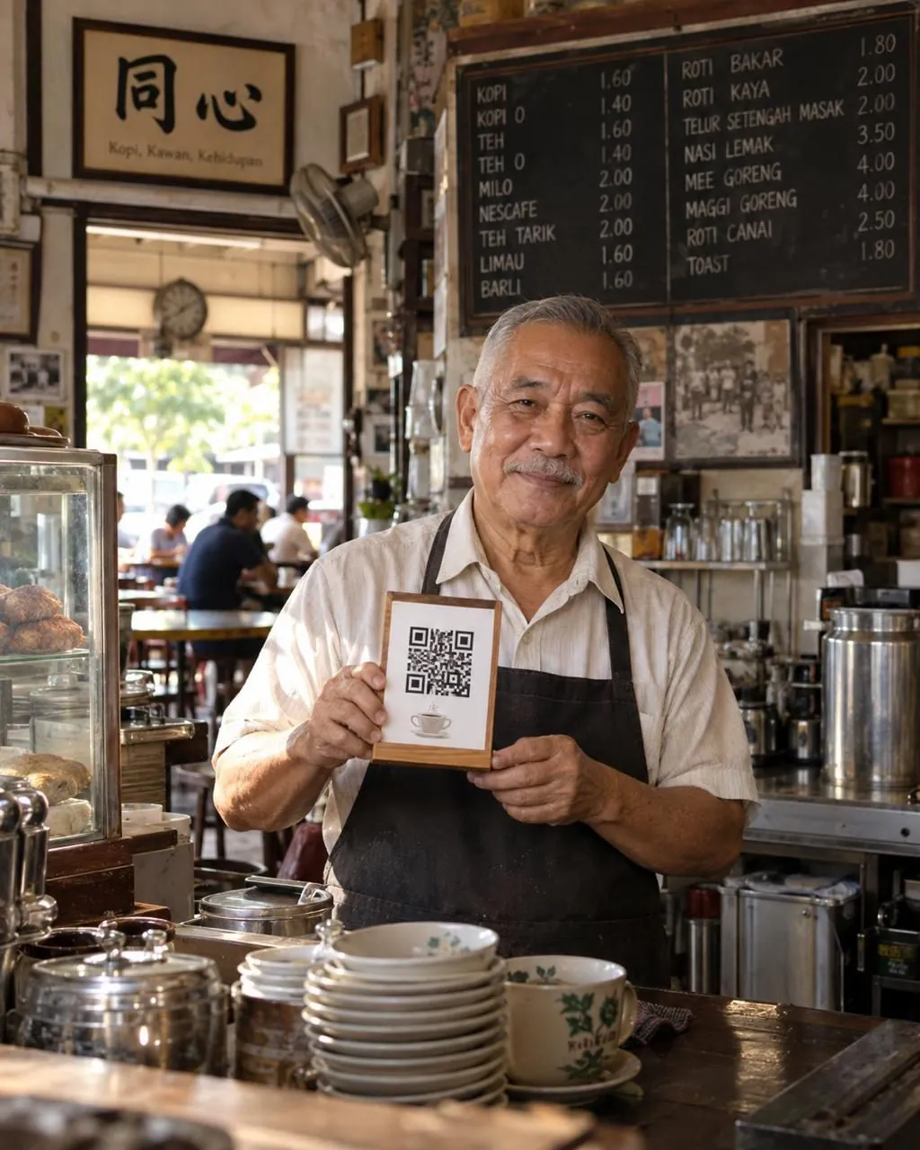 A visitor scanning a DuitNow QR code at the counter of a Malaysian kopitiam
