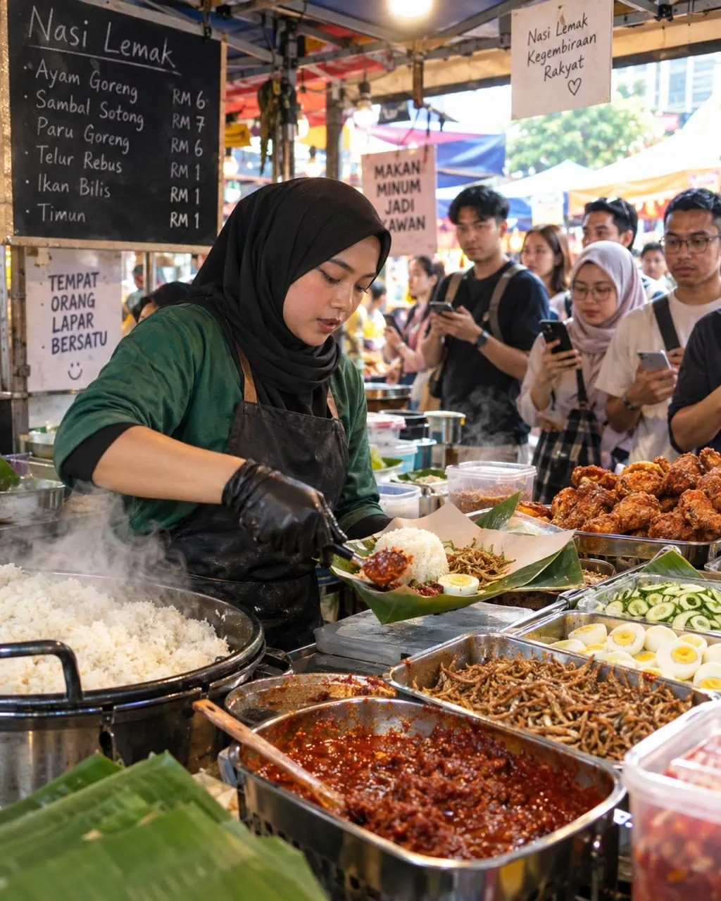 A nasi lemak stall in Malaysia with a QR code displayed for payment
